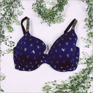 Victoria's Secret Lightly Lined Full Coverage Bra Blue with Gold Logo Details